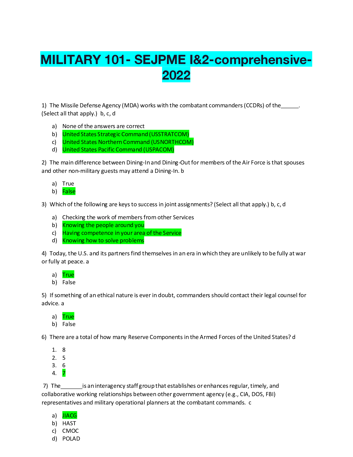 Preview of MILITARY 101- SEJPME I&2-comprehensive-2022